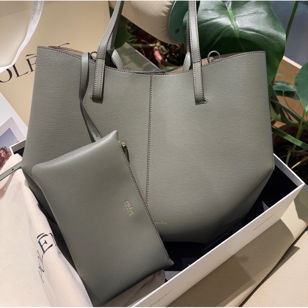 Polene Sage Green Leather Tote with Matching Pouch